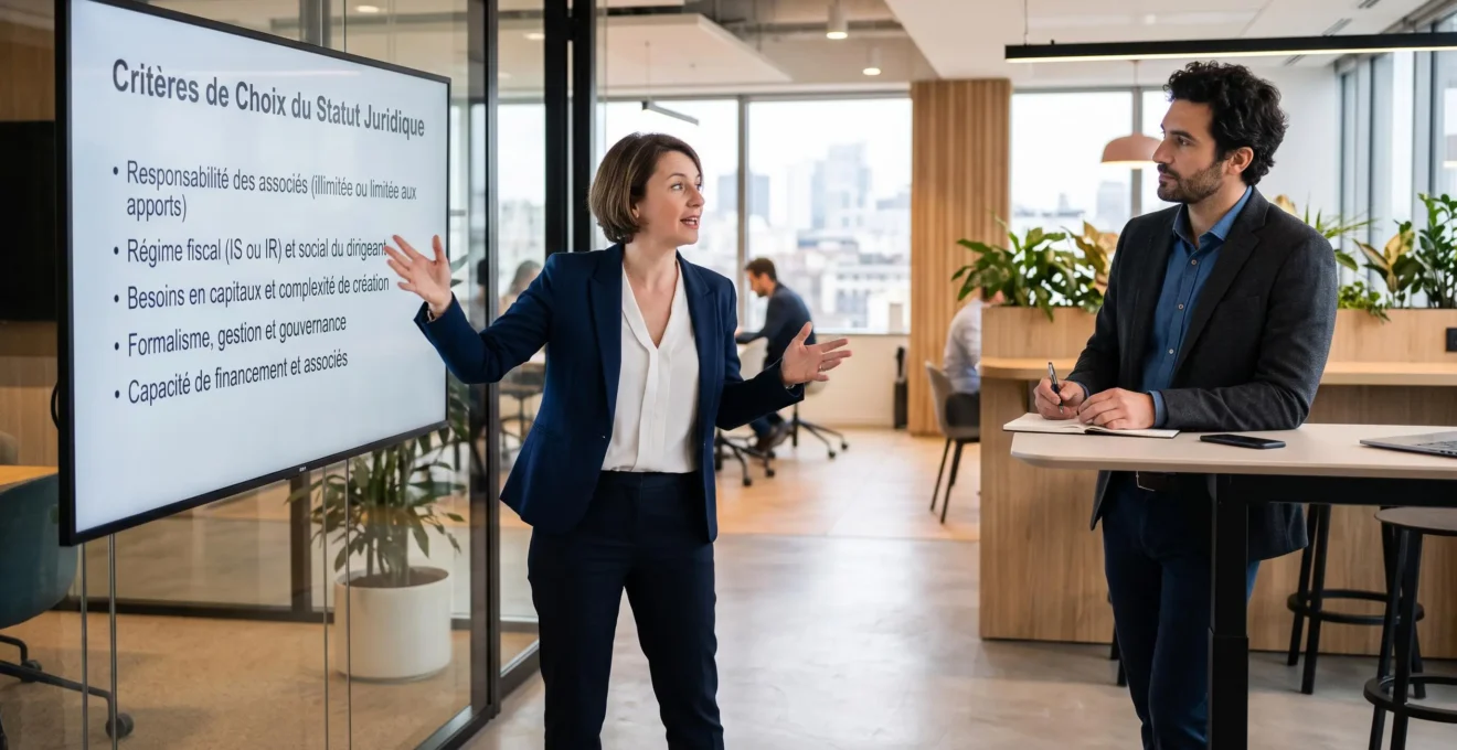 Un conseiller professionnel explique les différents critères de choix du statut juridique à un entrepreneur lors d'une consultation dans un bureau moderne.