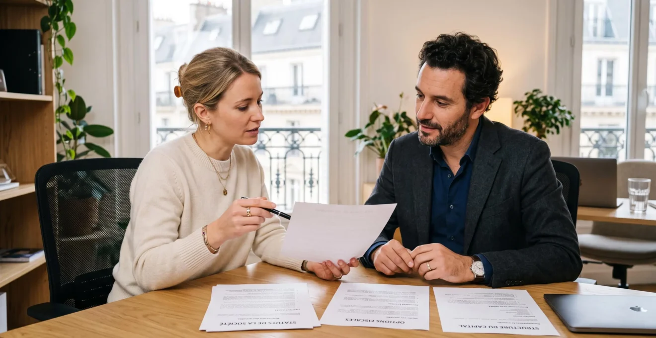 Un entrepreneur rencontre un conseiller professionnel dans un bureau moderne pour discuter des options de statut juridique pour la création de son entreprise.