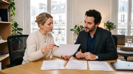 Un entrepreneur rencontre un conseiller professionnel dans un bureau moderne pour discuter des options de statut juridique pour la création de son entreprise.