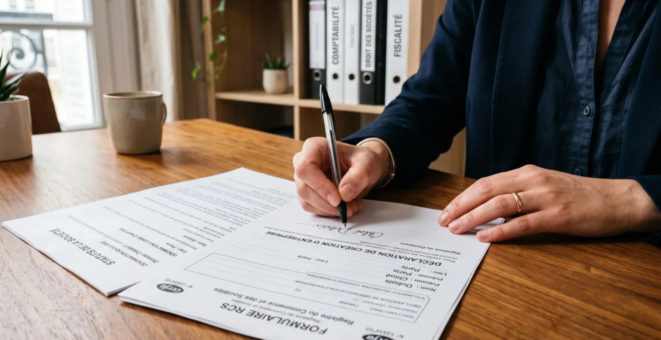 Un entrepreneur remplit et signe les documents administratifs officiels nécessaires à la création de son entreprise sur un bureau de travail.
